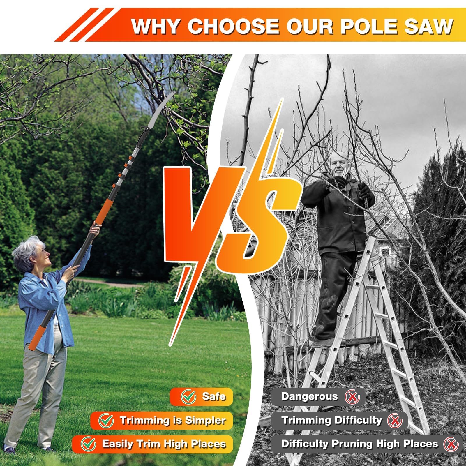 AgiiMan pole saw extended in garden reaching high branch safely