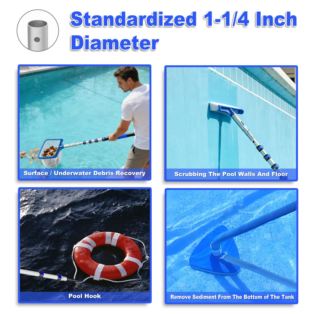 AgiiMan pole attached to a skimmer in use removing debris, simplifies pool maintenance