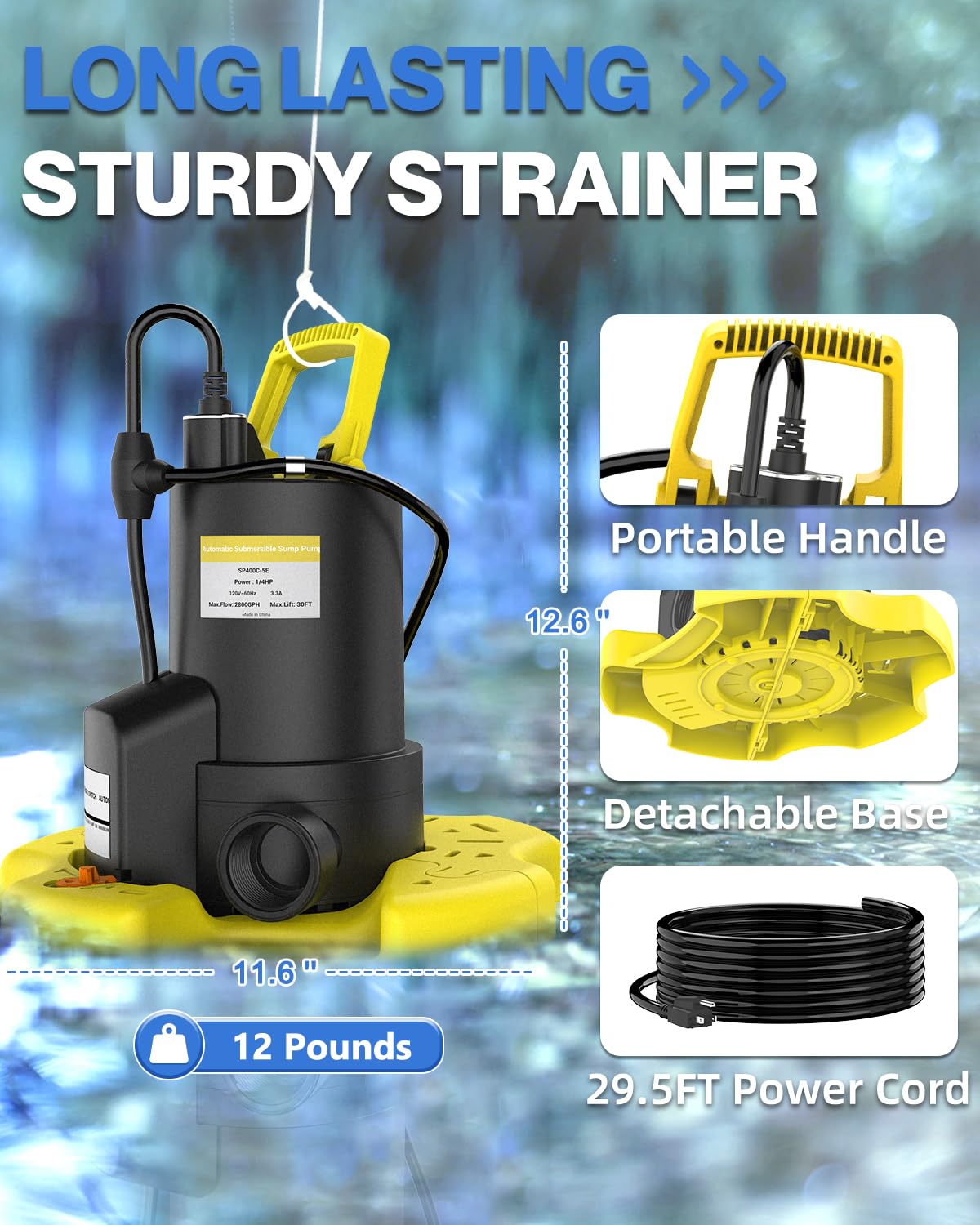 AgiiMan pump placed on a pool cover removing water, quick drainage benefit