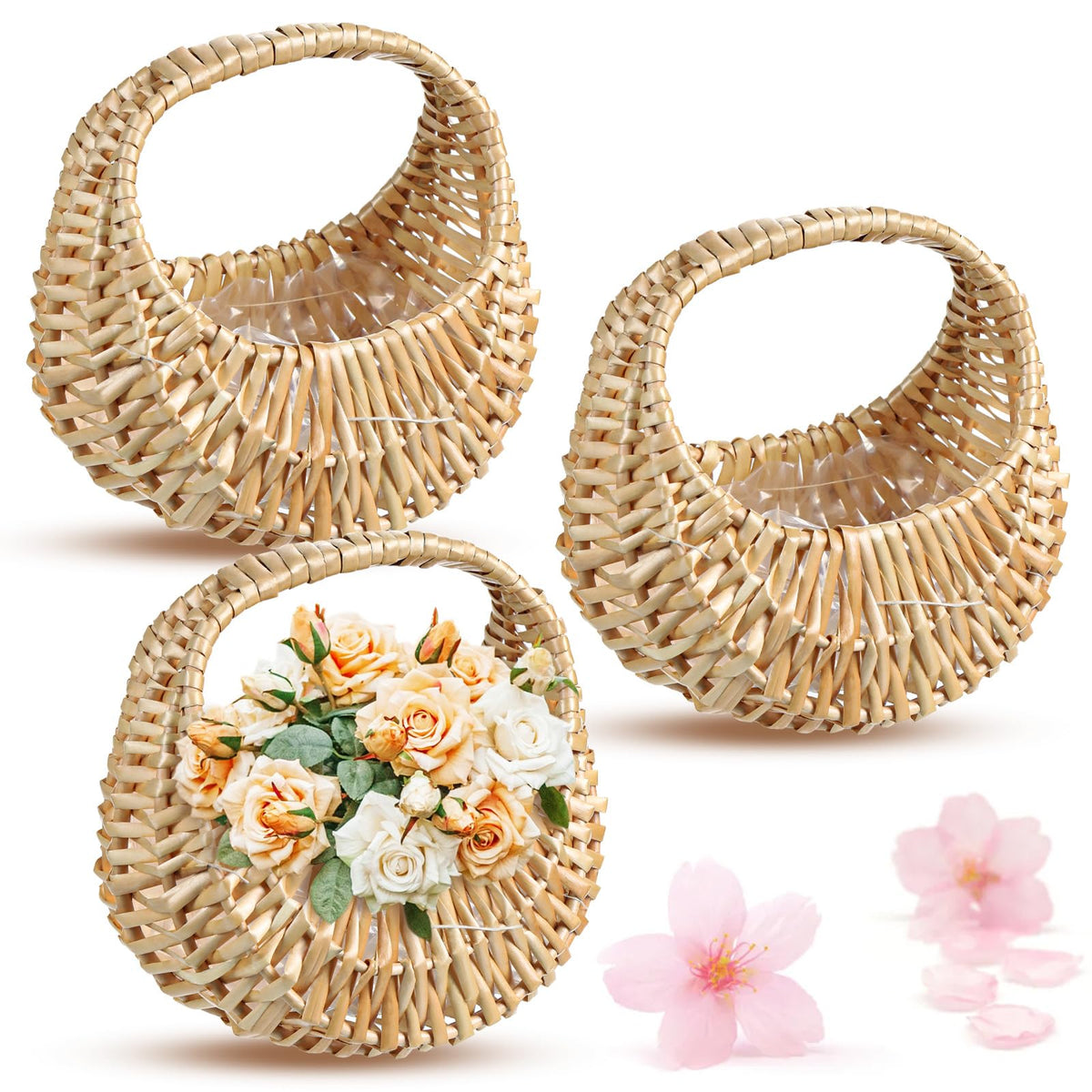 Agolctry front view of three half-moon baskets showing rustic charm