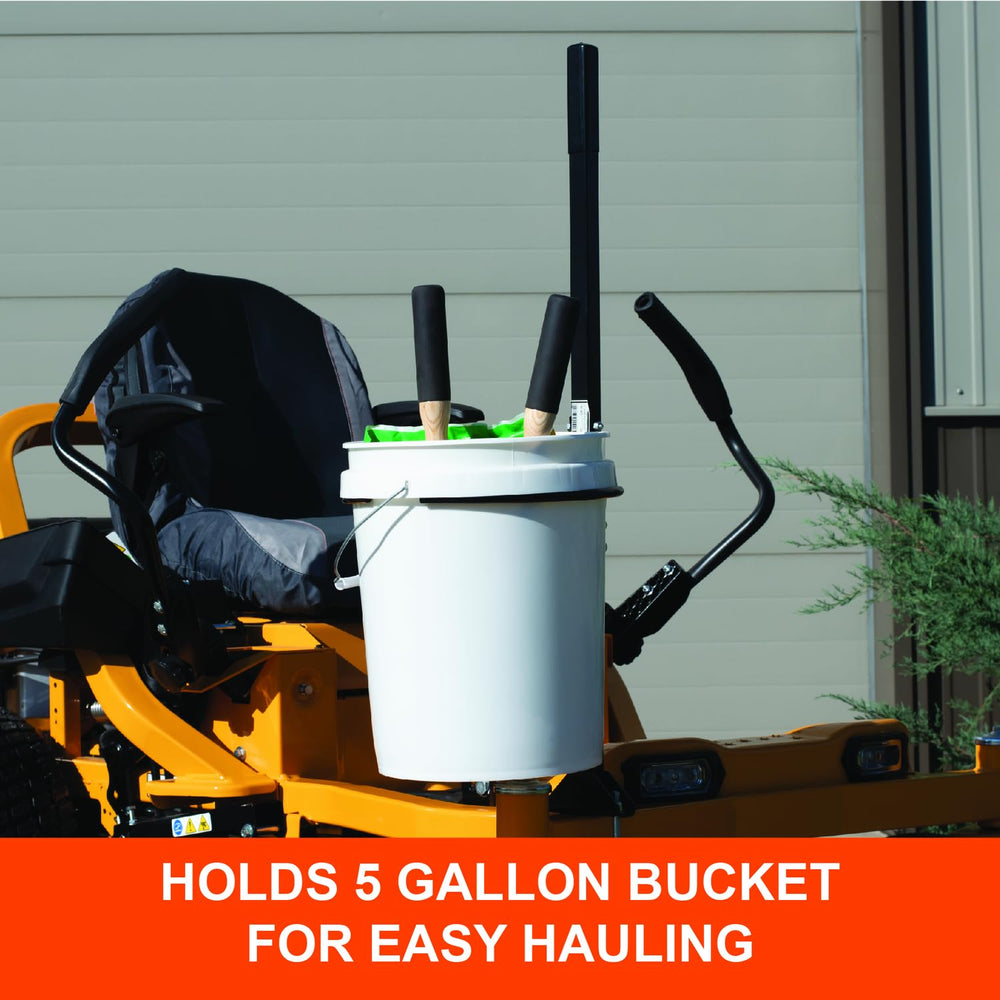 Agri-Fab bracket supporting a 5-gallon bucket for organized debris hauling