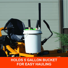 Agri-Fab bracket supporting a 5-gallon bucket for organized debris hauling