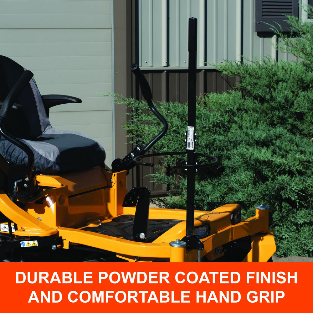 Agri-Fab bracket mounted on a zero-turn mower demonstrating convenient transport