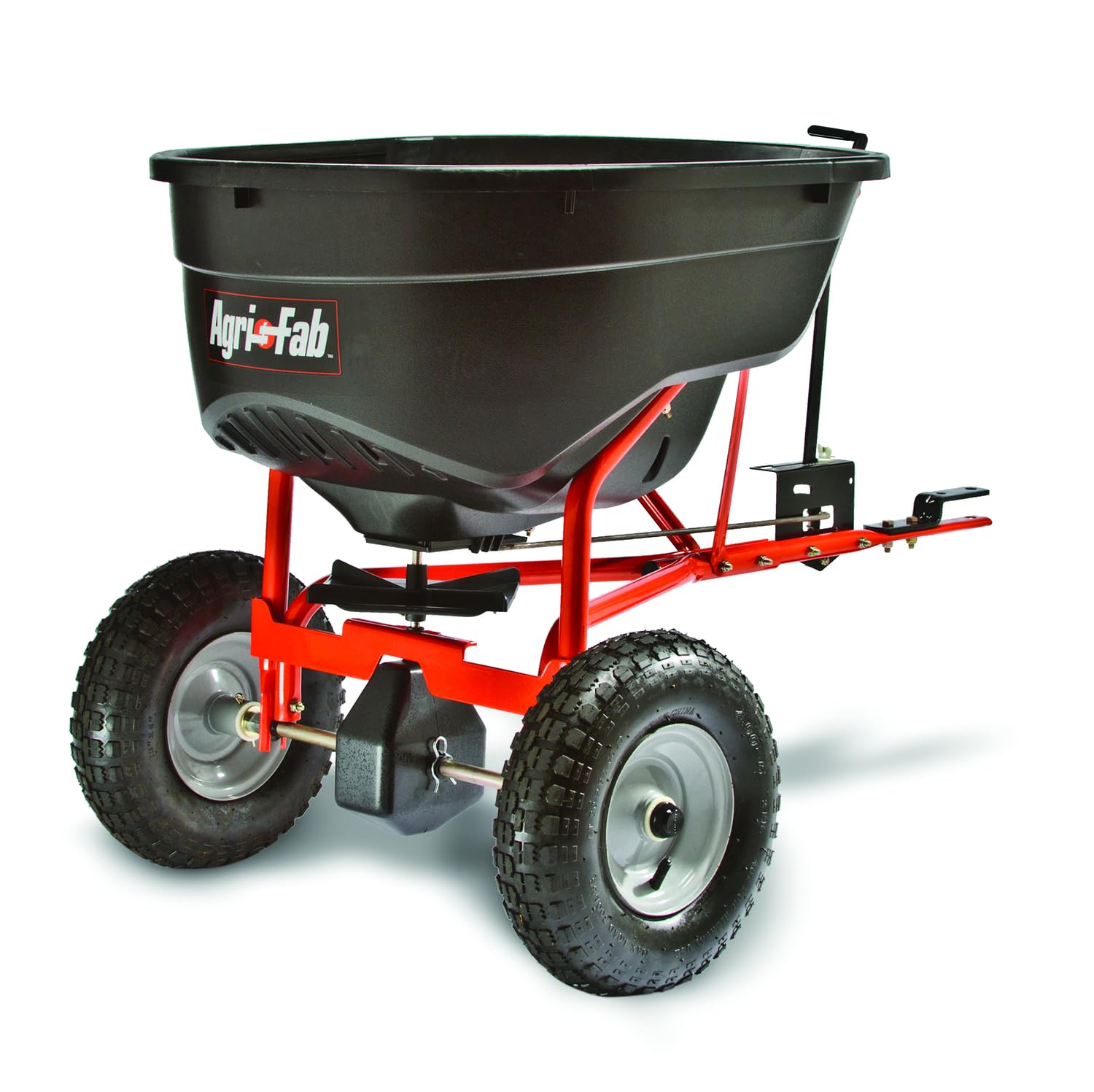 Agri-Fab front hopper view showing large capacity and reduced refill benefit