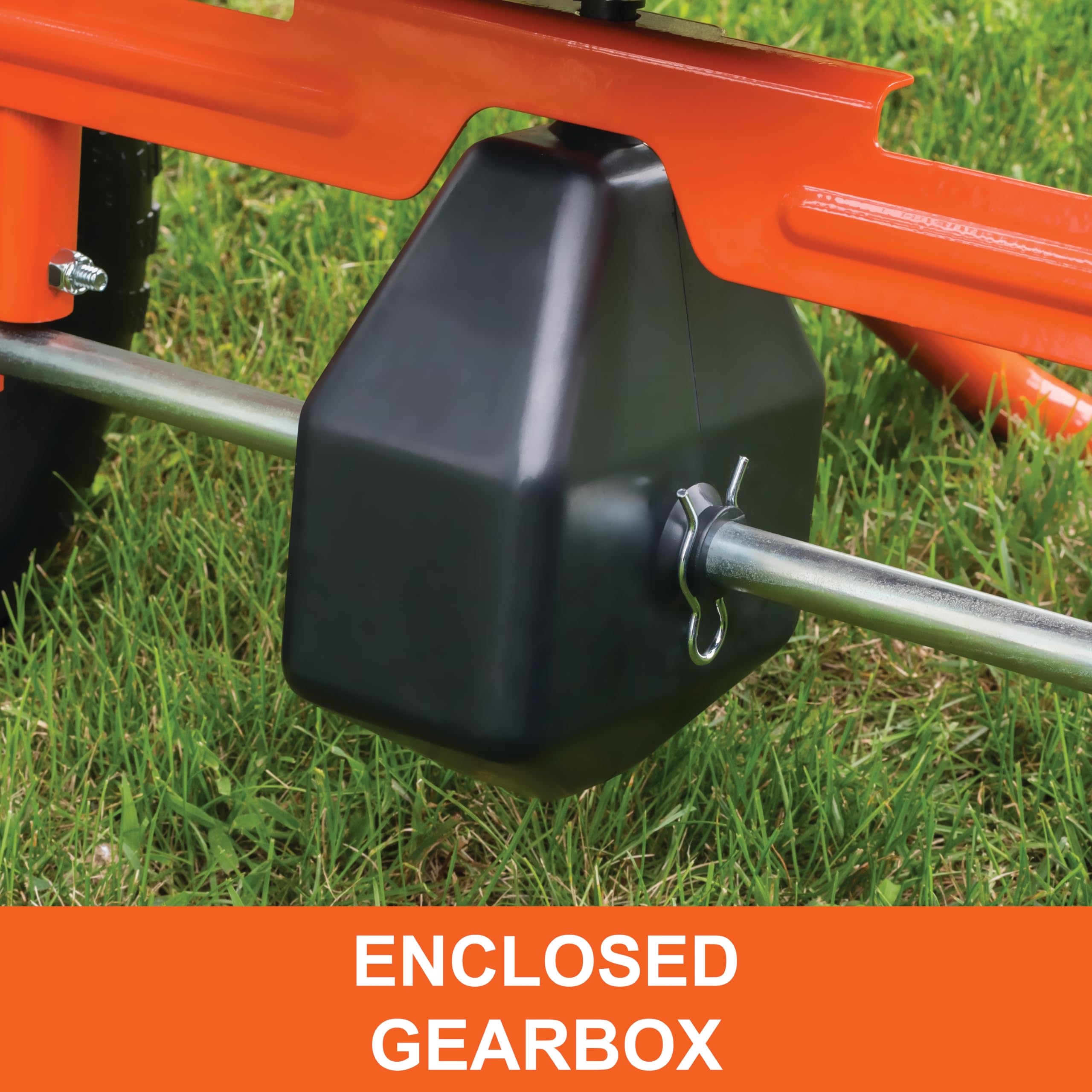 Agri-Fab hopper close-up highlighting 130 lb capacity for fewer refills