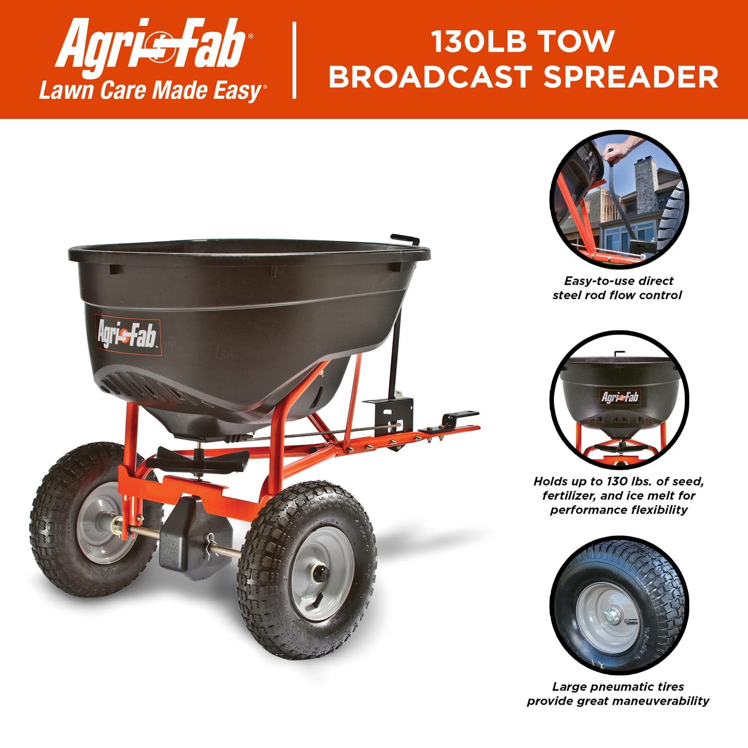 Agri-Fab tow-behind spreader in use spreading grass seed efficiently