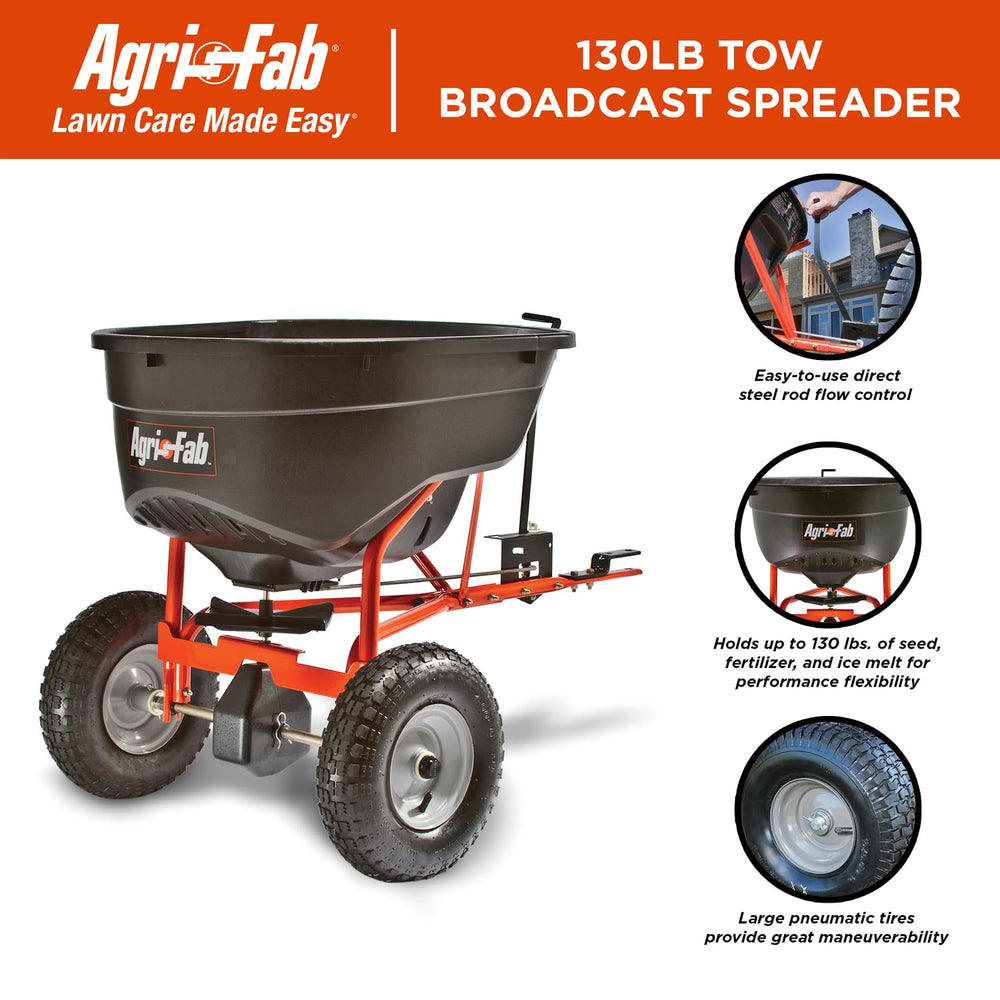 Agri-Fab tow-behind spreader in use spreading grass seed efficiently