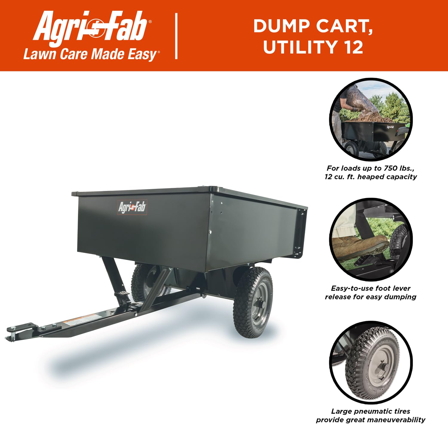 Agri-Fab next to riding mower showing cart size and 12 cu ft capacity