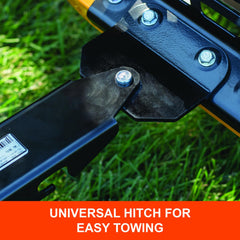 Agri-Fab side view showing hitch and frame that enable push or tow flexibility