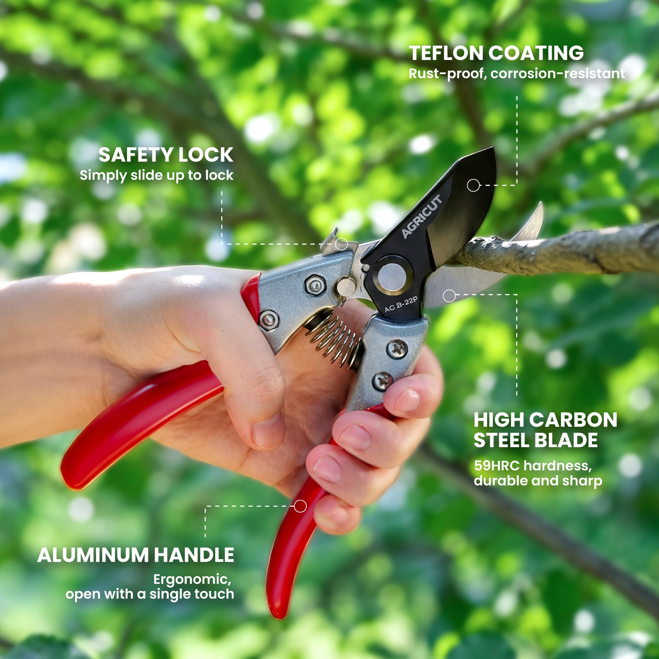 AGRICUT ergonomic aluminum handle detail with non-slip grip reducing hand fatigue