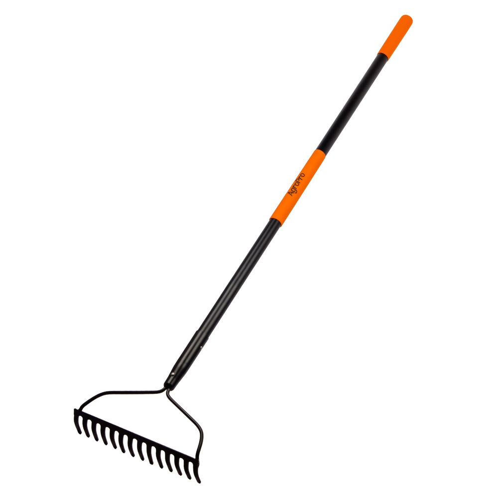 AgroPro front view of metal garden rake showing full head and handle for efficient cleanup