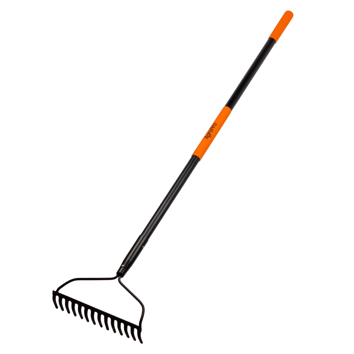 AgroPro front view of metal garden rake showing full head and handle for efficient cleanup