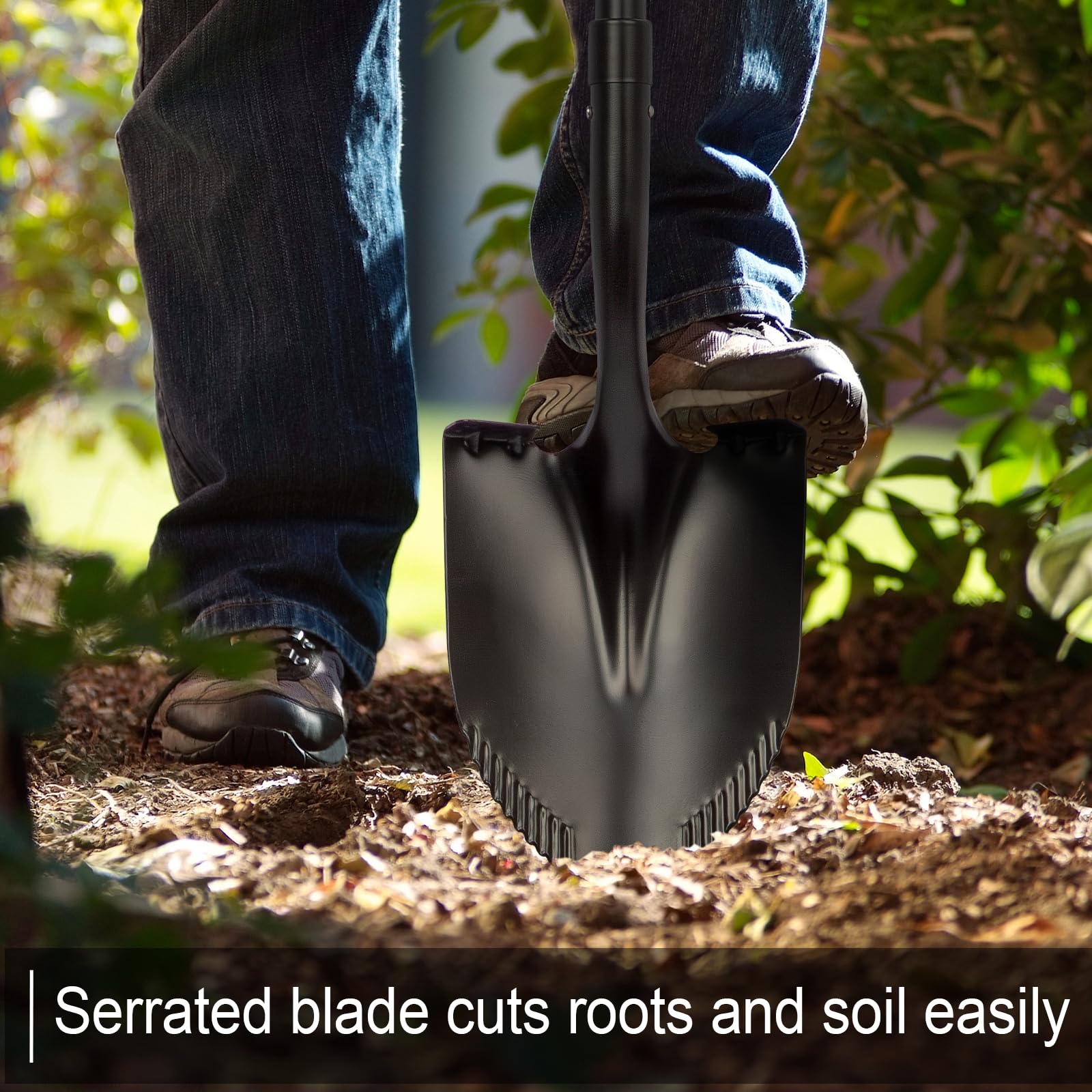 AgroPro full-length shovel beside measuring tape showing 58-inch reach for reduced bending