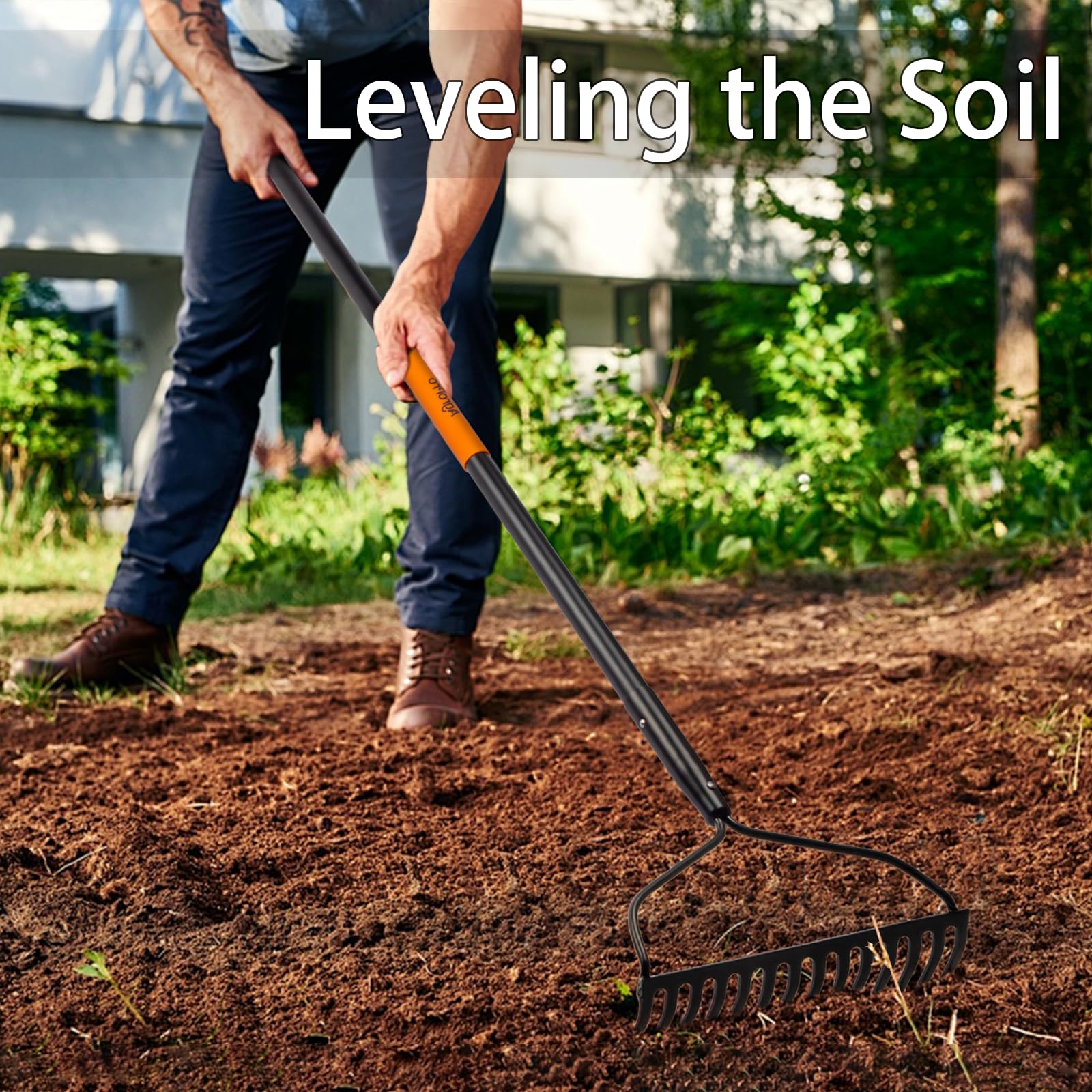 AgroPro rake placed next to foot to show 58-inch scale for reduced stooping