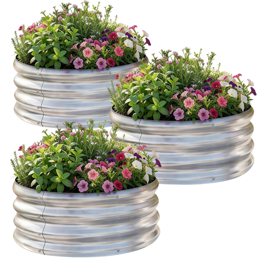 AHEONLAR front view of assembled round galvanized bed showing sturdy planter benefit