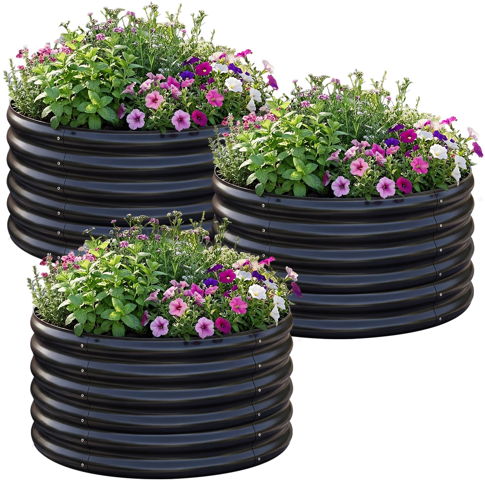 AHEONLAR front view of three assembled round planters showing neat planting zones and durability