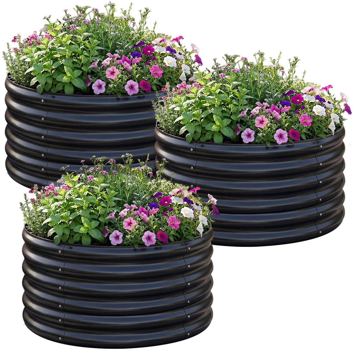 AHEONLAR front view of three assembled round planters showing neat planting zones and durability