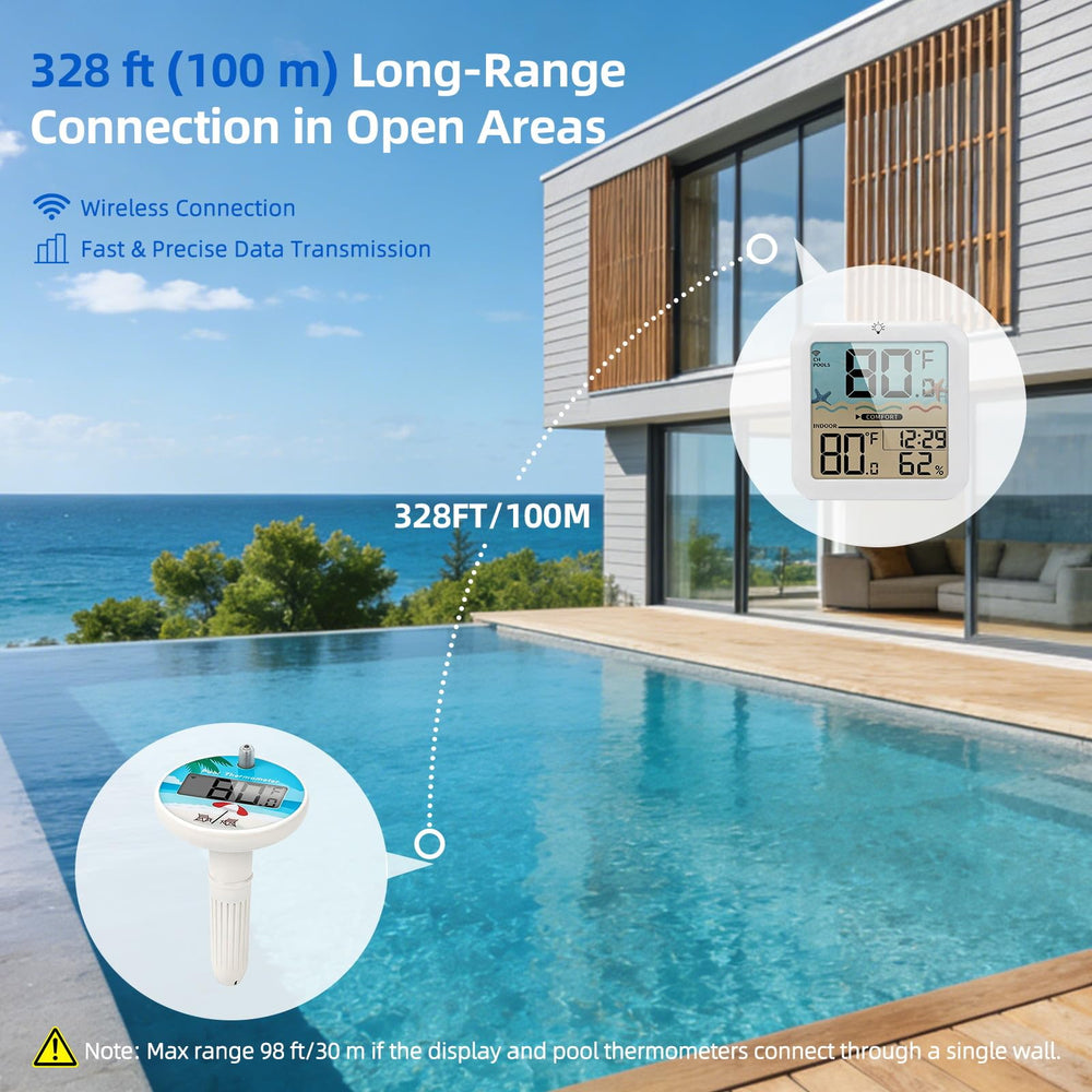 AHJ thermometer floating in pool enabling hands-free continuous monitoring benefit