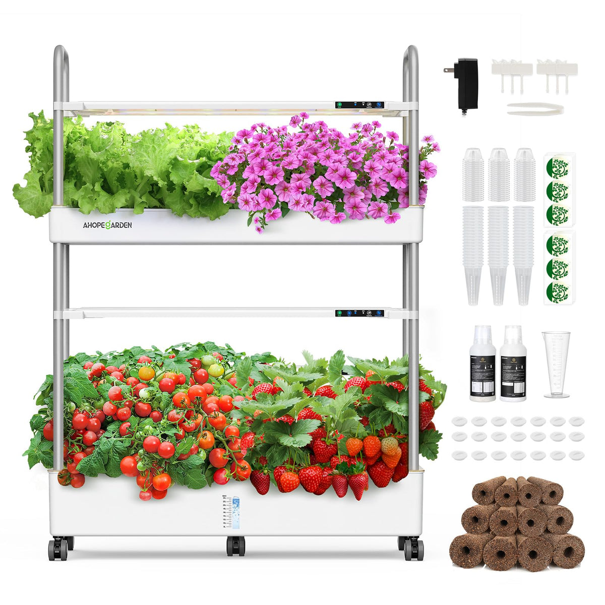 Ahopegarden front view showing full assembled tower and lights for space saving