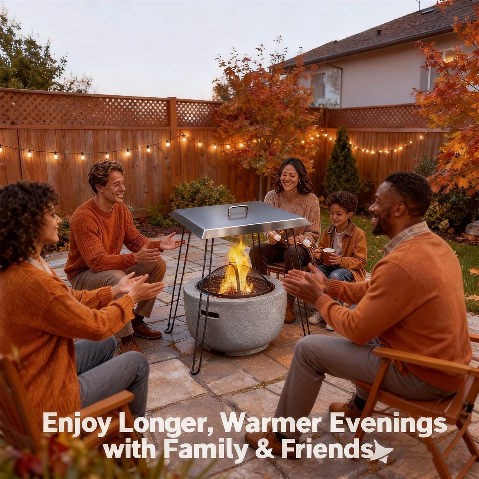 AHUAWA deflector beside a fire pit showing scale and compatibility benefit