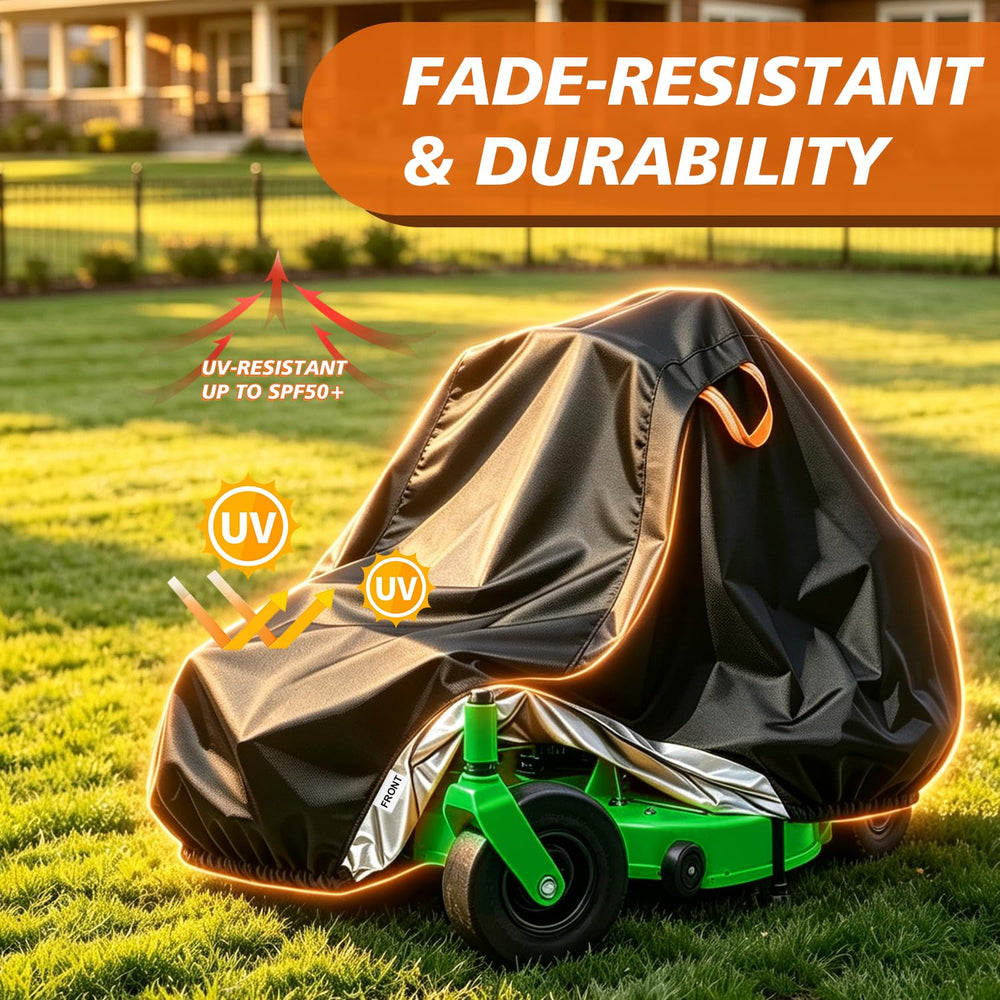 Aibiley covered mower in snowy yard demonstrating all-season protection