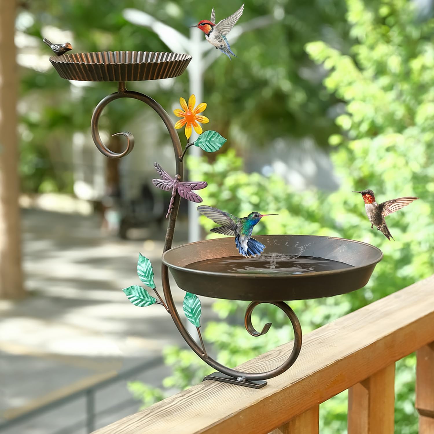 Aifeorzo front view showing full bird bath and feeder, inviting birds close