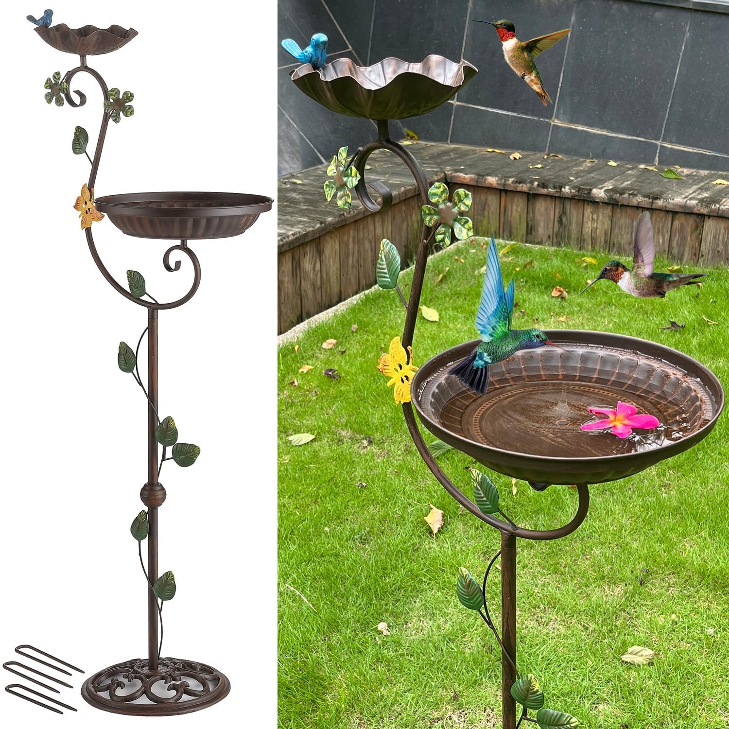 Aifeorzo front view of full 44 inch pedestal bird bath showing vintage styling and benefit: attracts birds