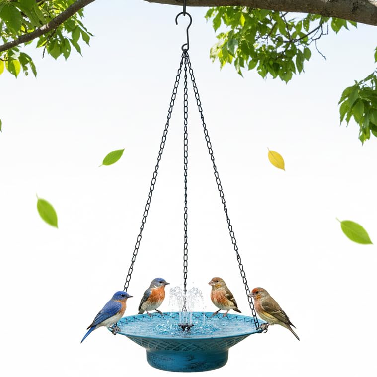 Aifeorzo front view of hanging bird bath showing elegant bowl and fountain attracting birds