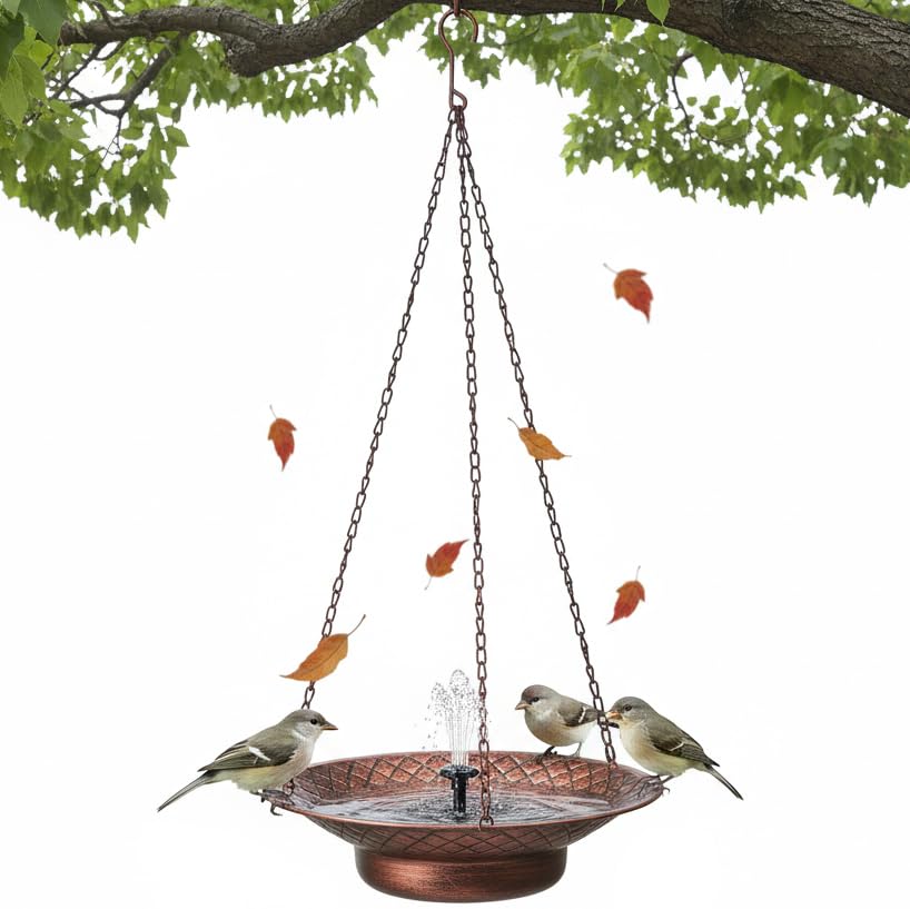 Aifeorzo front view of hanging bird bath showing elegant fountain and hanging chains, attracts birds
