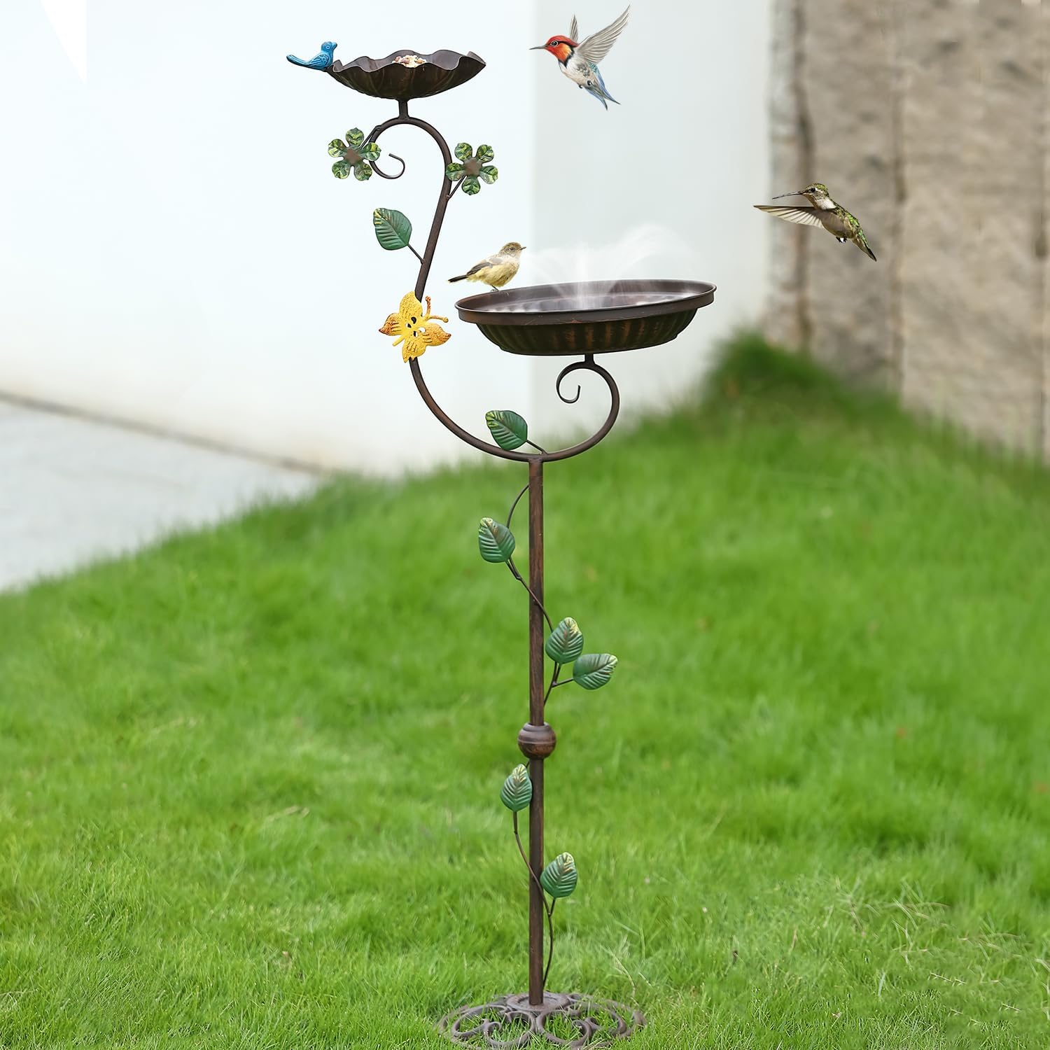 Aifeorzo placed among garden plants in a yard scene showing habitat integration and benefit: attracts wildlife