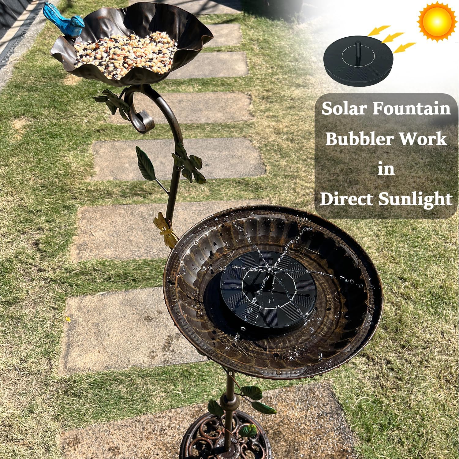 Aifeorzo bird bath beside chair showing 44-inch height scale