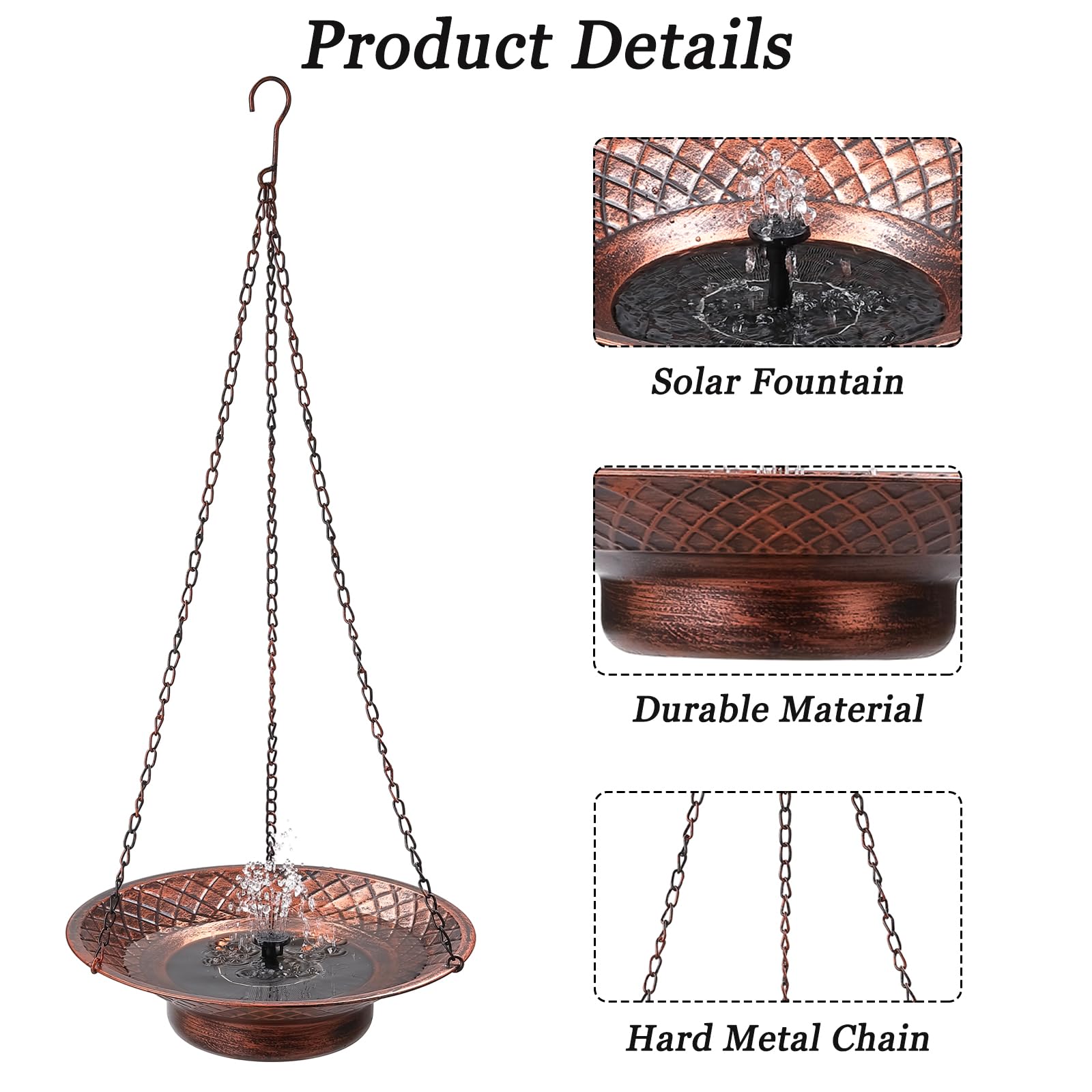 Aifeorzo solar panel detail on bird bath powering fountain, efficient sun-powered operation