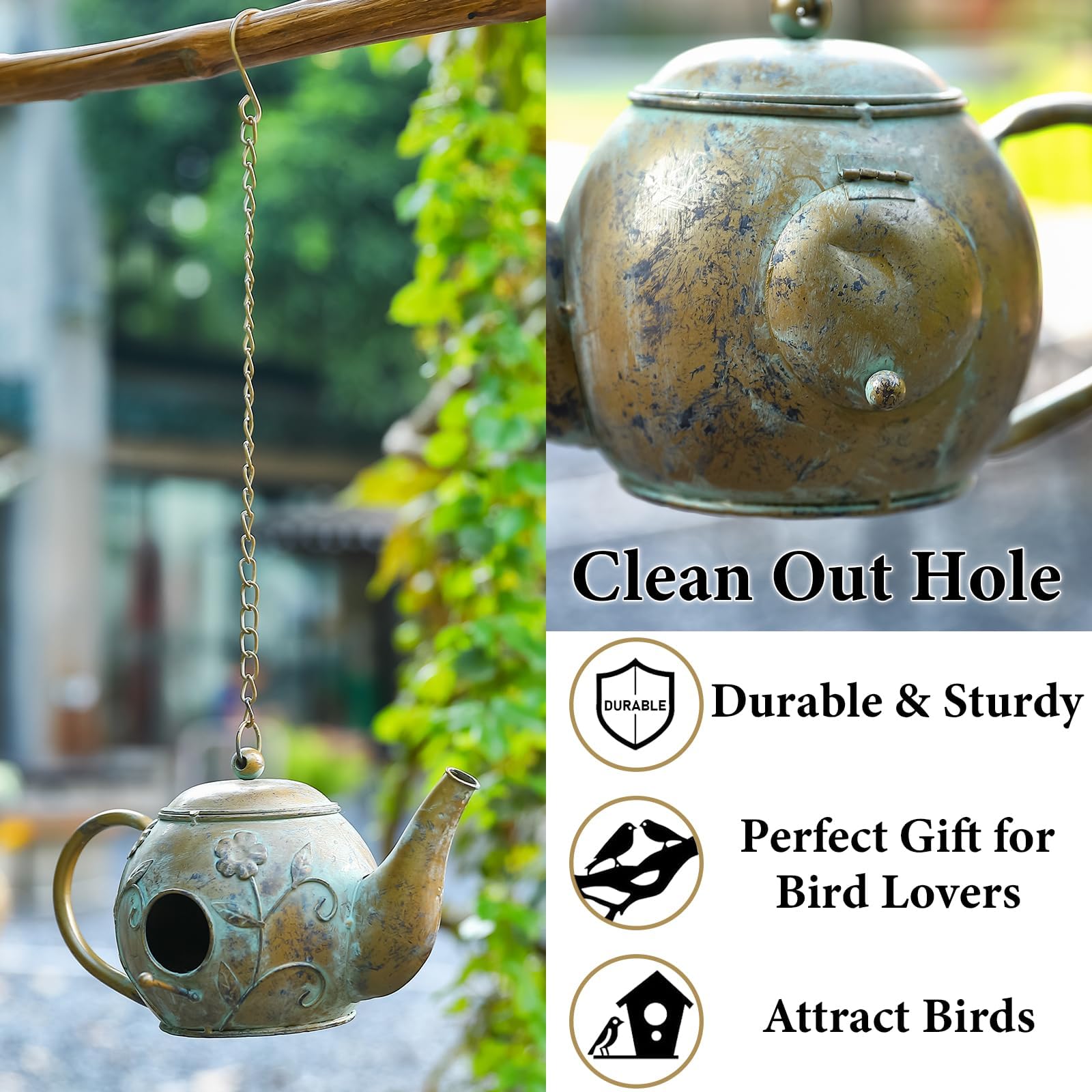 Aifeorzo teapot birdhouse back clean-out door for quick seasonal maintenance
