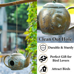 Aifeorzo teapot birdhouse back clean-out door for quick seasonal maintenance