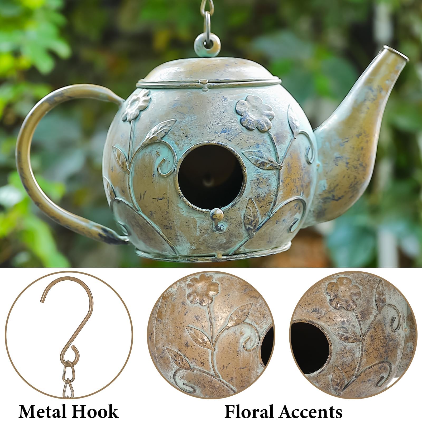 Aifeorzo teapot birdhouse entry hole closeup protecting small birds and access