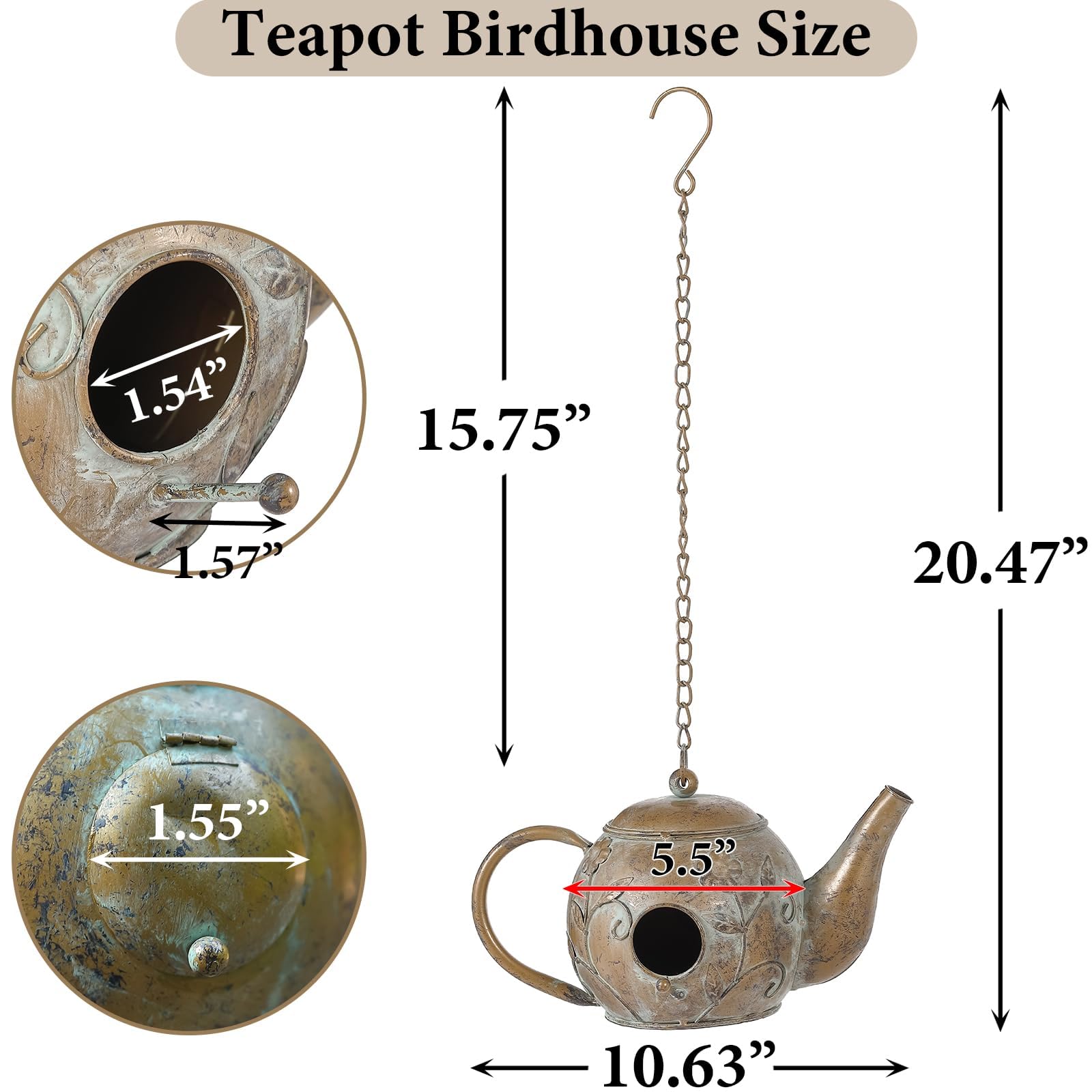 Aifeorzo teapot birdhouse top hook detail for easy hanging and secure placement