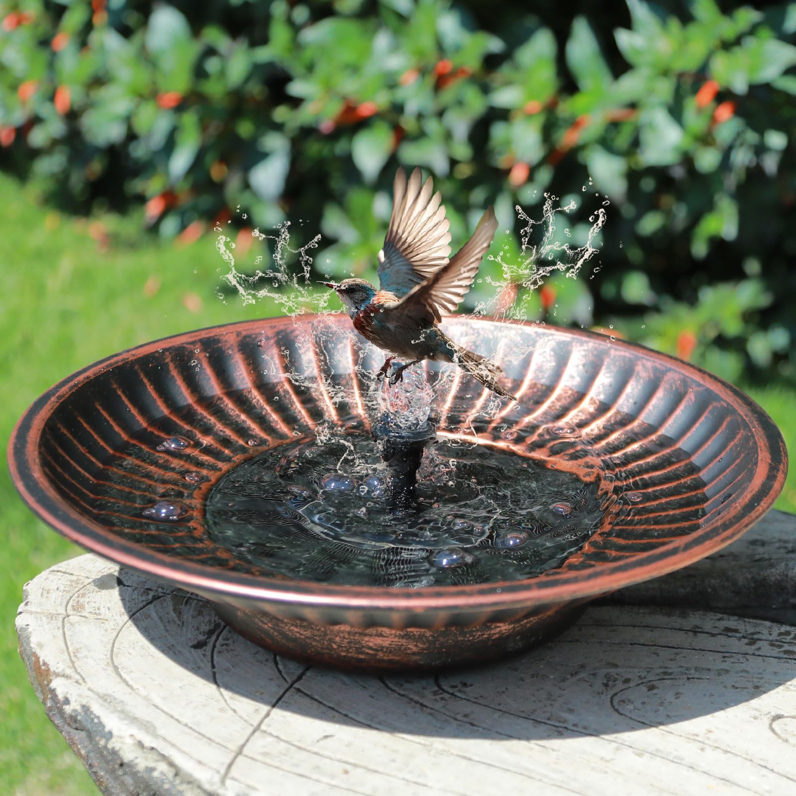 AIHAOKAN copper bird bath front view showing elegant design and instant garden appeal