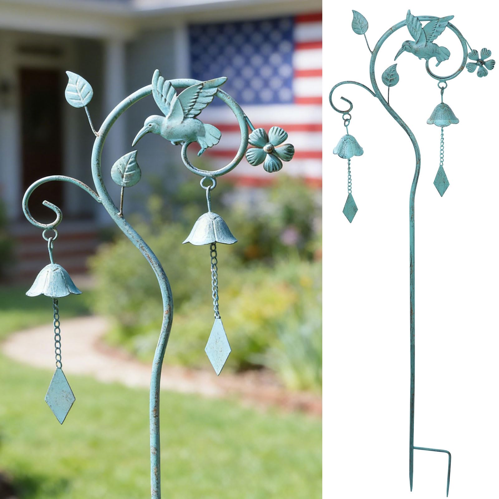 AIHAOKAN hummingbird stake front view showing decorative bird and bells benefit curb appeal