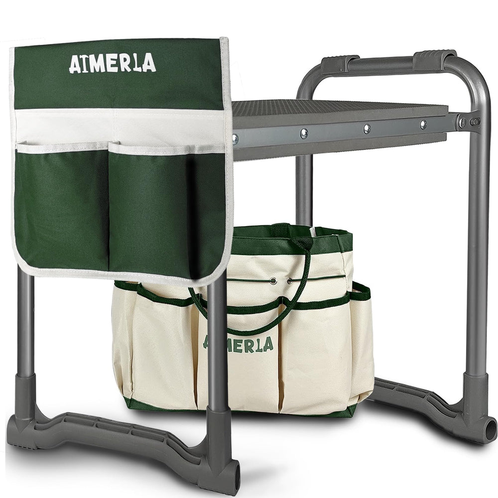 Aimerla front view kneeler showing seat and tool bags for organized gardening