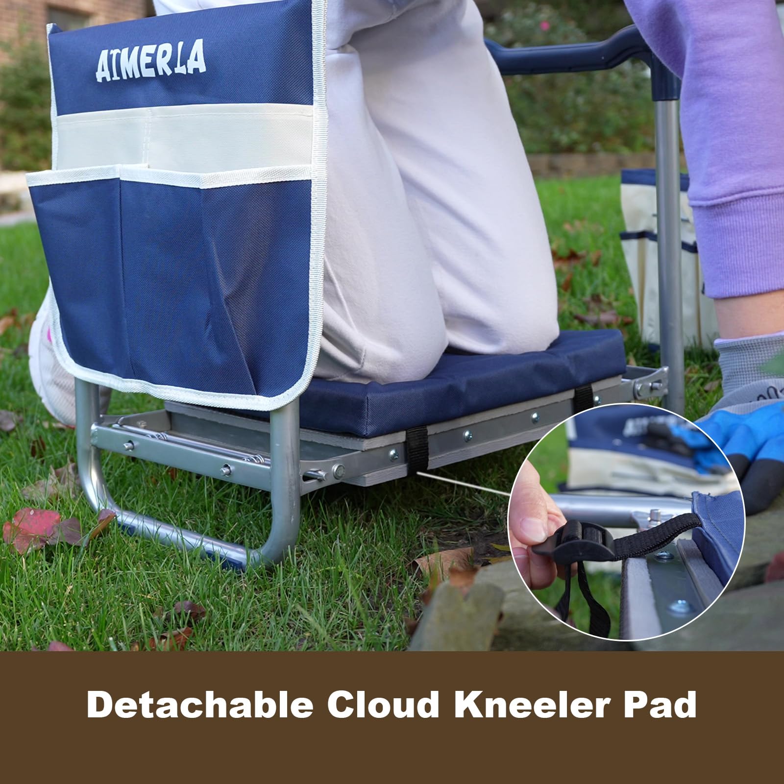 Aimerla K5 in a garden with user kneeling and using tools highlighting comfort and organization