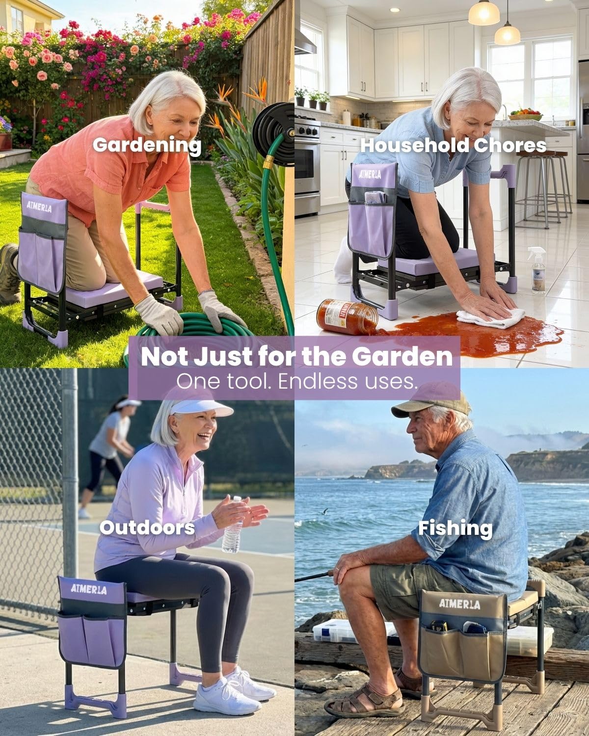 Aimerla K7 in garden with user kneeling illustrating portable comfort outdoors