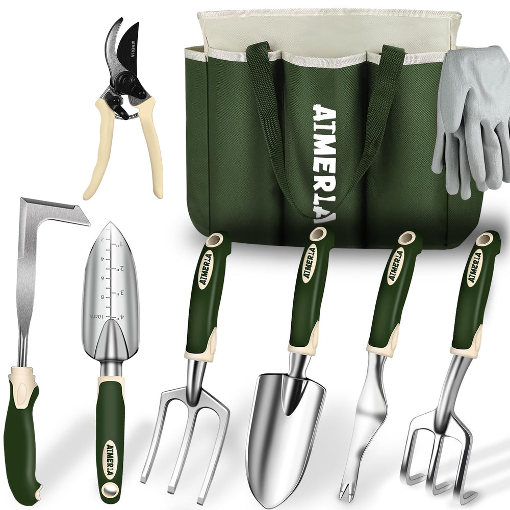 Aimerla front view of all nine gardening tools and large green bag, shows complete kit benefit