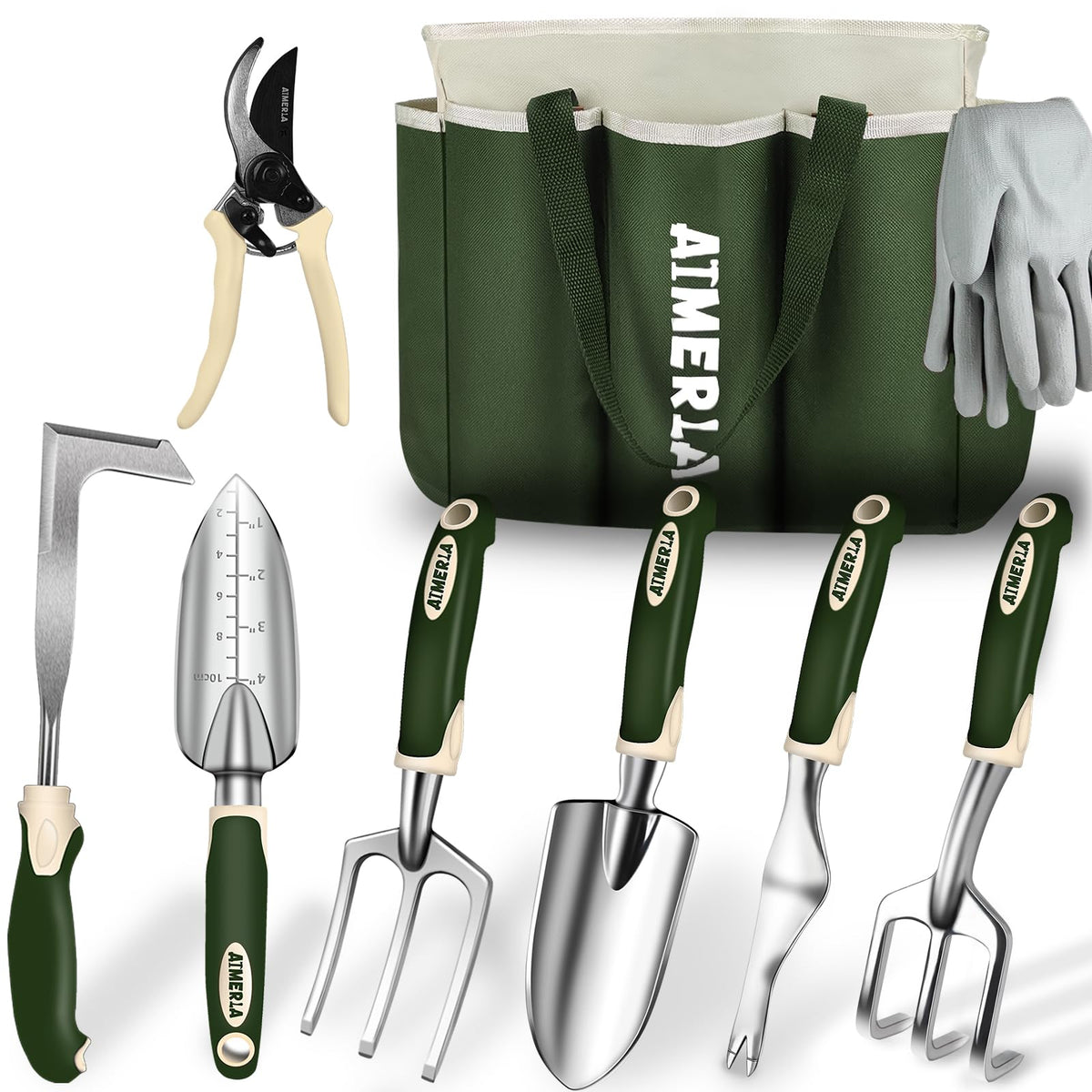 Aimerla front view of all nine gardening tools and large green bag, shows complete kit benefit