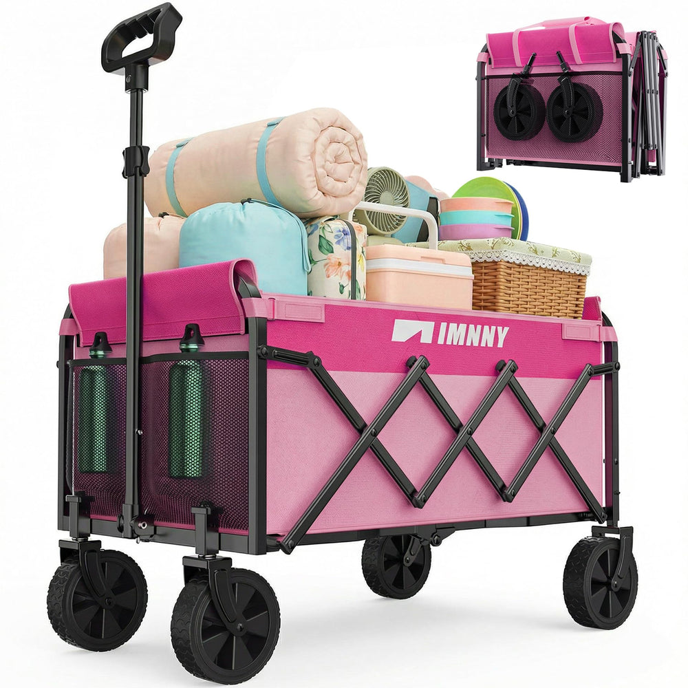 Aimnny front view of pink collapsible wagon showing compact design and capacity