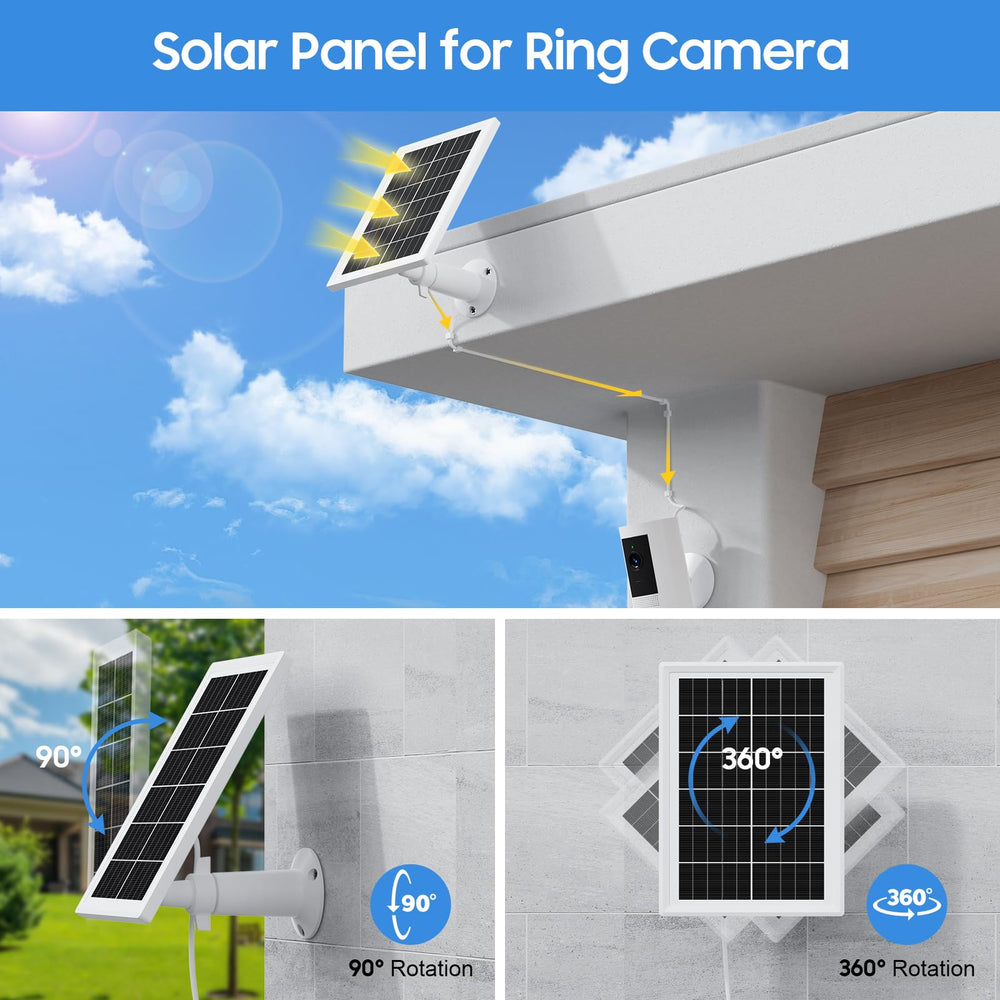 Aiobuvr solar panel mounted beside Ring camera demonstrating continuous power benefit