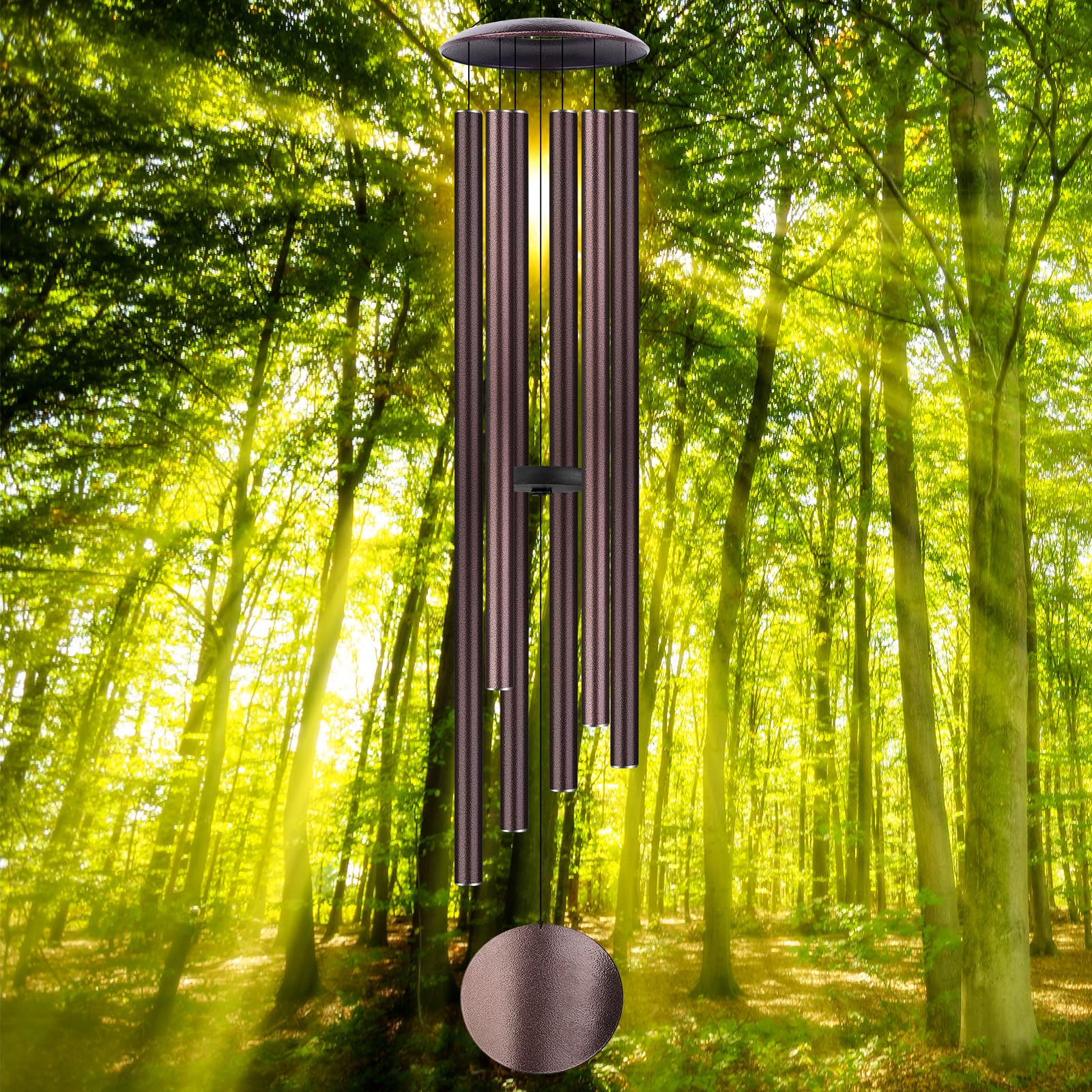 Aioguisn front view of 54 inch wind chimes showing bronze finish and gift box benefit