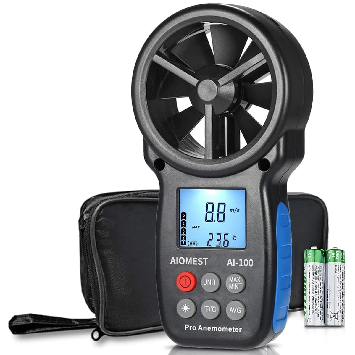 AIOMEST AI-100 front display showing wind speed and temperature, clear readings benefit