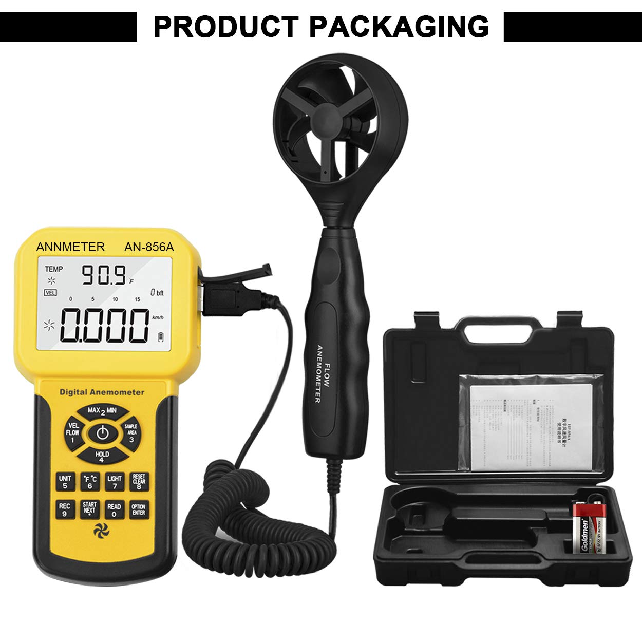 AIOMEST probe positioned at an HVAC register measuring vent airflow and temperature