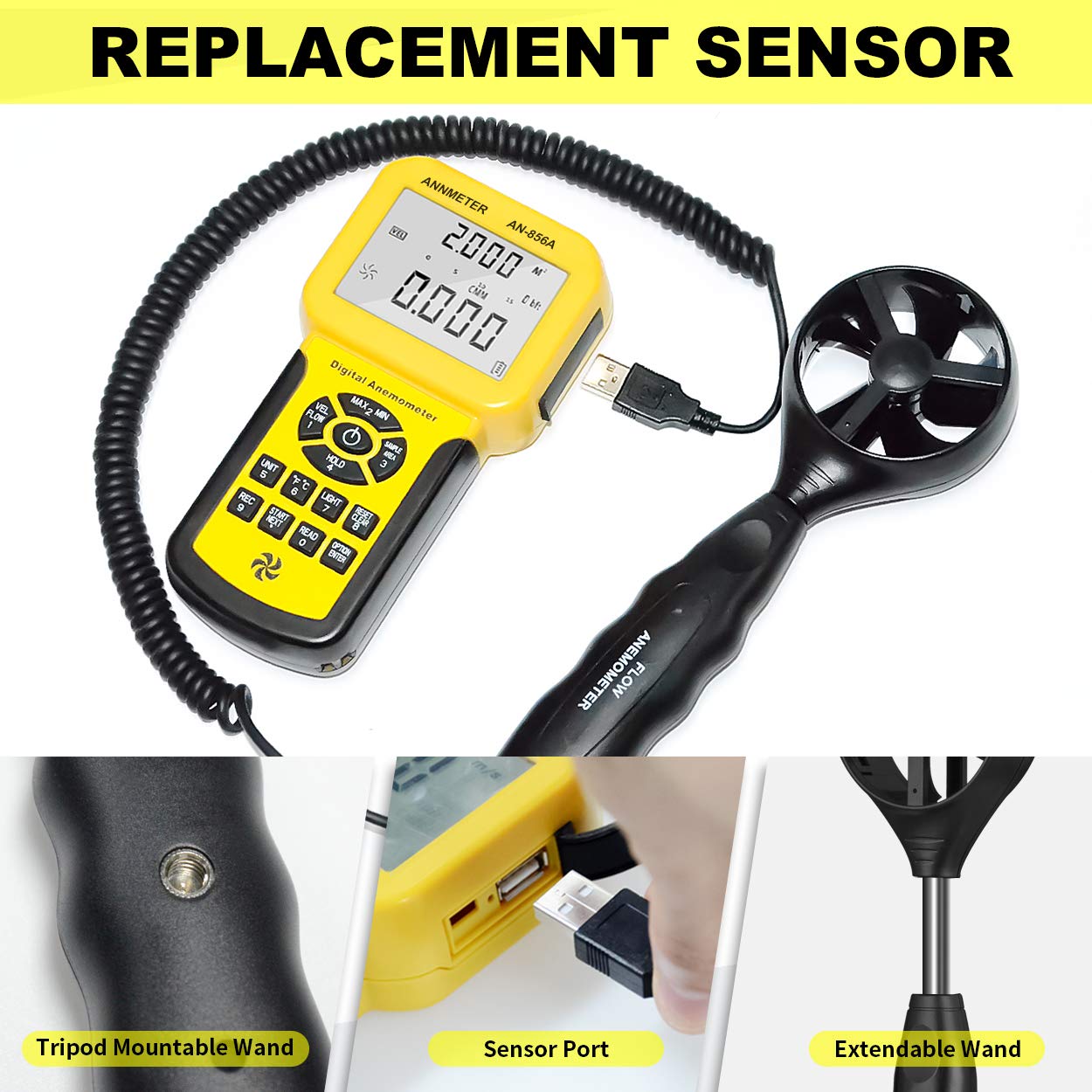 AIOMEST extended probe and long cable reaching deep into ductwork for remote readings