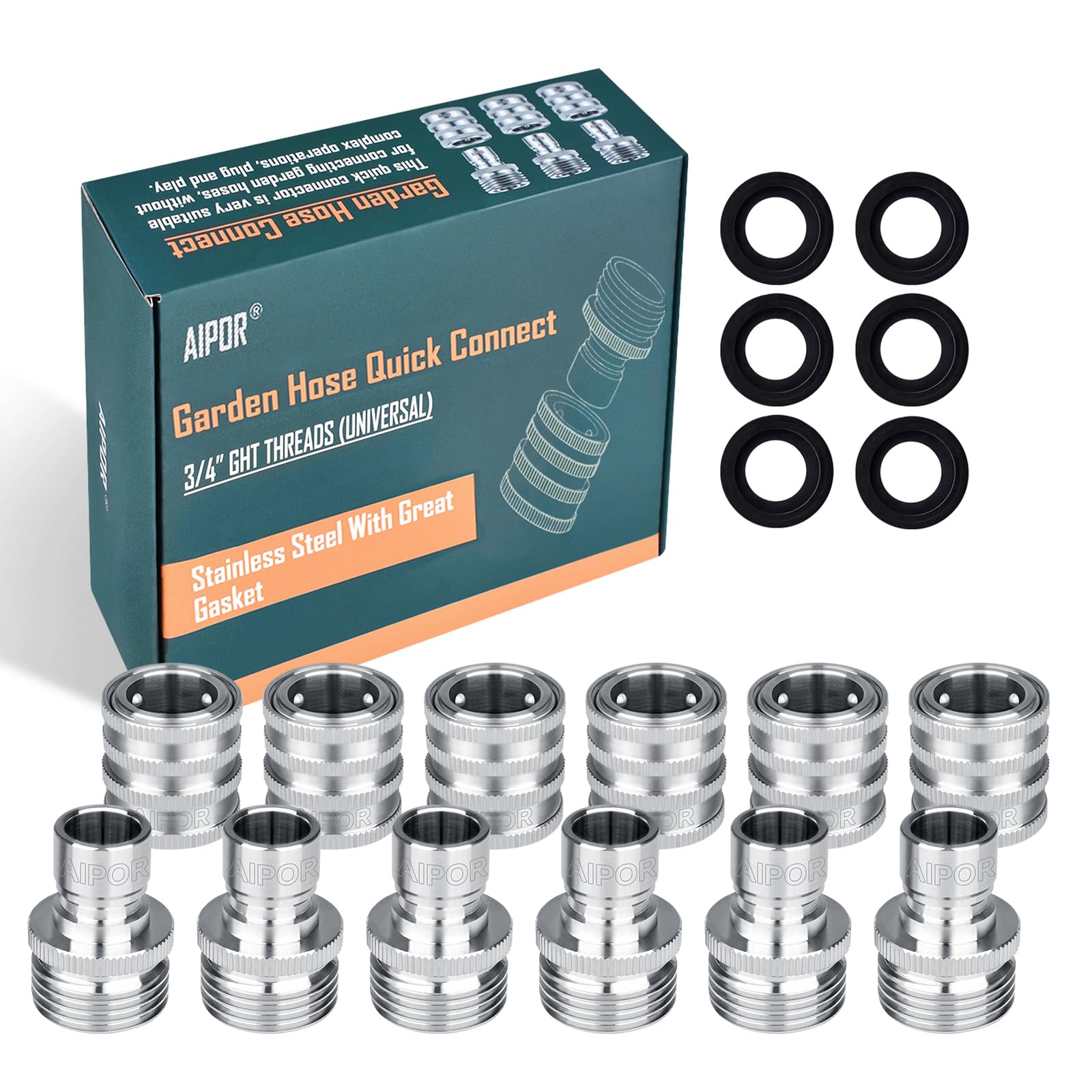 AIPOR front view of 6-pack quick connect fittings showing durable metal finish and convenience